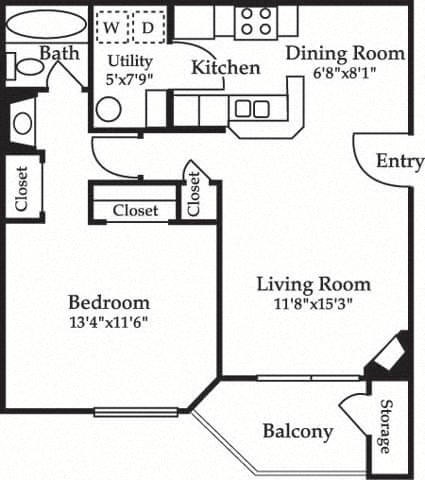 Floor plan for 1 bed, 1 bath, 668 sqft