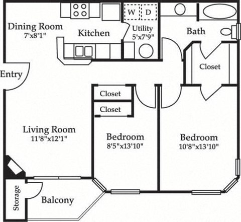 Floor plan for 2 beds, 1 bath, 822 sqft