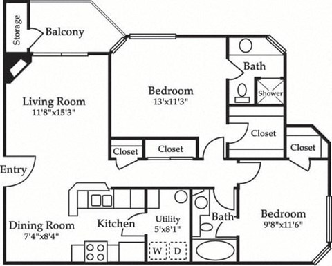 Floor plan for 2 beds, 2 baths, 898 sqft