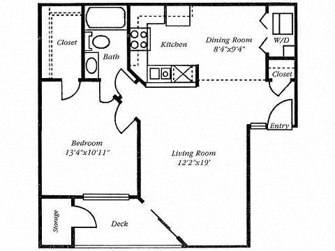Floor plan for 1 bed, 1 bath, 688 sqft