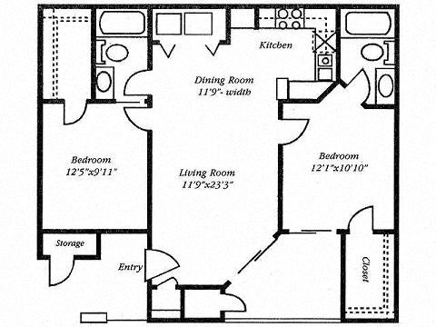 Floor plan for 2 beds, 2 baths, 876 sqft