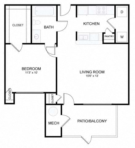 Floor plan for 1 bed, 1 bath, 600 sqft