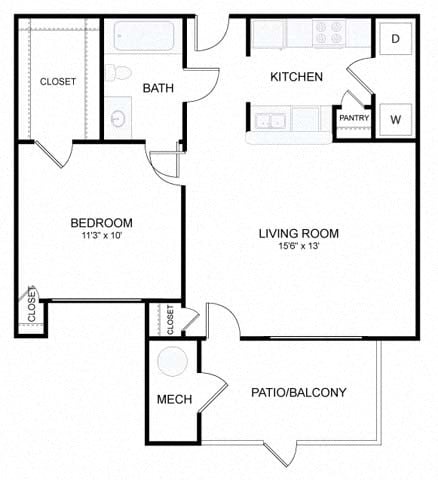 Floor plan for 1 bed, 1 bath, 703 sqft