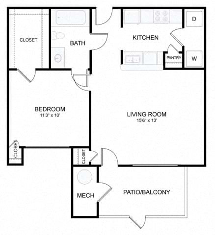 Floor plan for 1 bed, 1 bath, 703 sqft