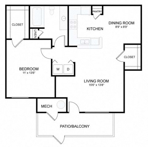 Floor plan for 1 bed, 1 bath, 777 sqft