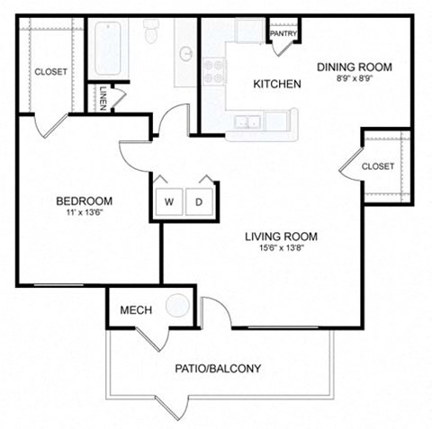 Floor plan for 1 bed, 1 bath, 777 sqft