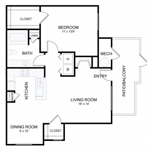 Floor plan for 1 bed, 1 bath, 873 sqft