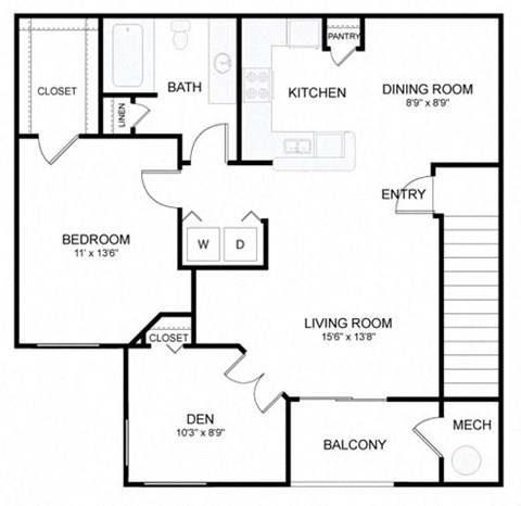 Floor plan for 1 bed, 1 bath, 945 sqft