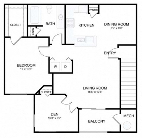 Floor plan for 1 bed, 1 bath, 945 sqft