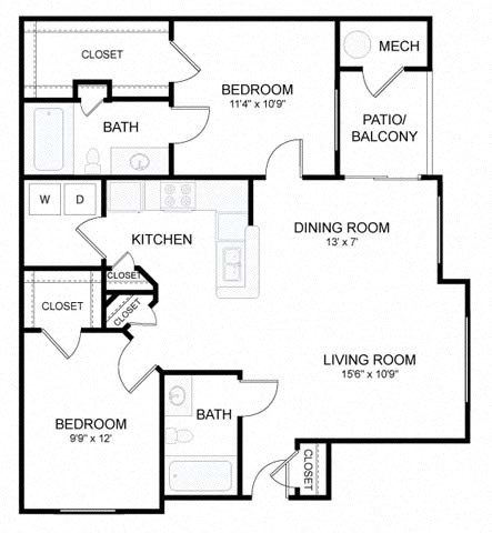 Floor plan for 2 beds, 2 baths, 1069 sqft