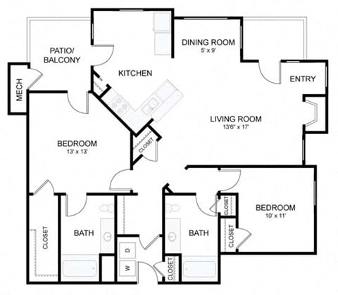 Floor plan for 2 beds, 2 baths, 1180 sqft