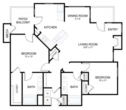 Floor plan for 2 beds, 2 baths, 1283 sqft