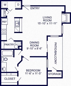 Floor plan for 1 bed, 1 bath, 720 sqft