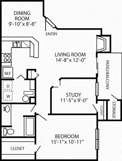 Floor plan for 2 beds, 1 bath, 885 sqft