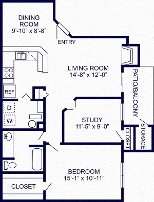Floor plan for 2 beds, 2 baths, 885 sqft