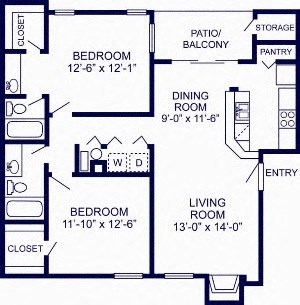 Floor plan for 2 beds, 2 baths, 1012 sqft