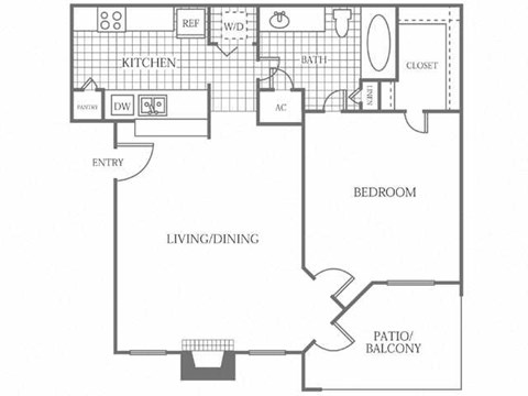 Floor plan for 1 bed, 1 bath, 598 sqft