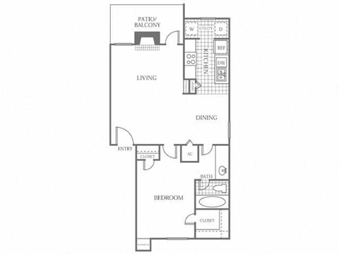Floor plan for 1 bed, 1 bath, 685 sqft