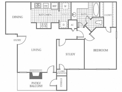 Floor plan for 2 beds, 1 bath, 871 sqft