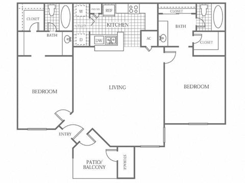 Floor plan for 2 beds, 2 baths, 968 sqft