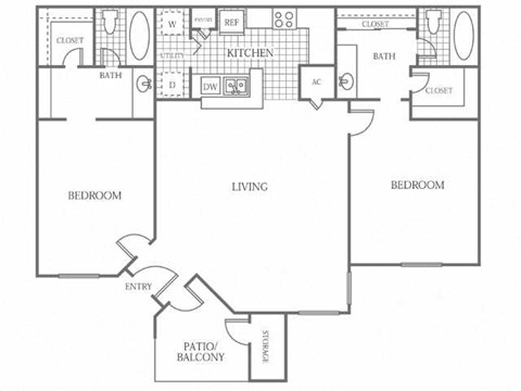 Floor plan for 2 beds, 2 baths, 968 sqft