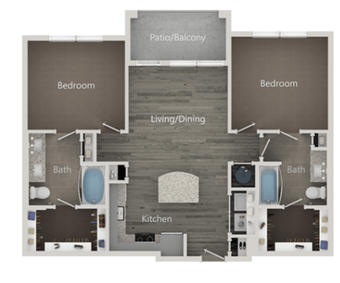 Floor plan for 2 beds, 2 baths, 1000 sqft