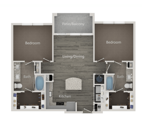 Floor plan for 2 beds, 2 baths, 1008 sqft