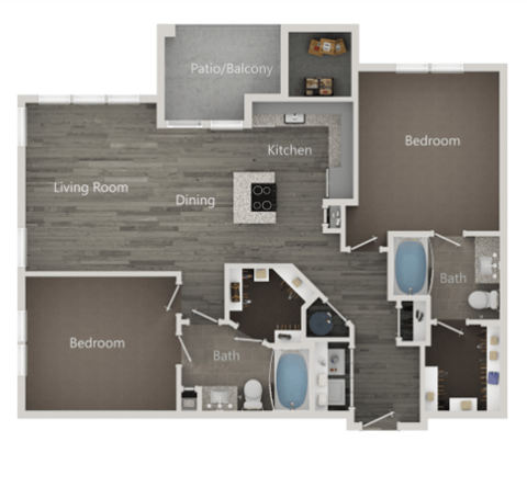Floor plan for 2 beds, 2 baths, 1075 sqft