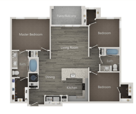 Floor plan for 3 beds, 2 baths, 1271 sqft
