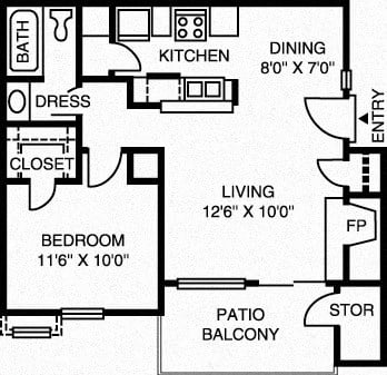 Floor plan for 1 bed, 1 bath, 600 sqft