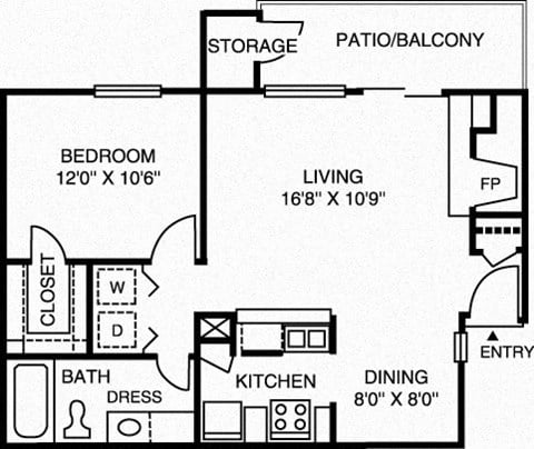 Floor plan for 1 bed, 1 bath, 689 sqft