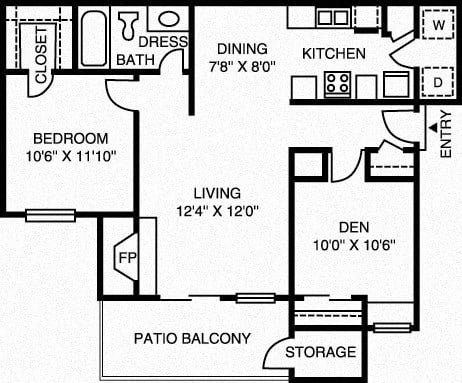 Floor plan for 2 beds, 1 bath, 850 sqft