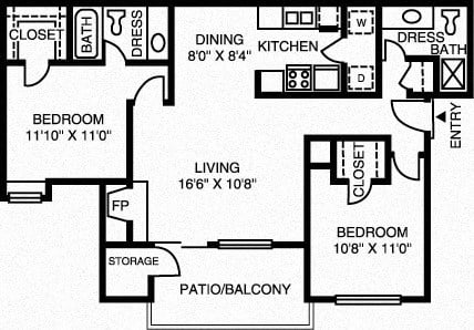 Floor plan for 2 beds, 2 baths, 969 sqft