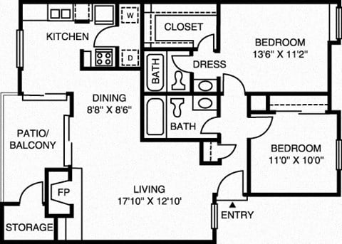 Floor plan for 2 beds, 2 baths, 1042 sqft