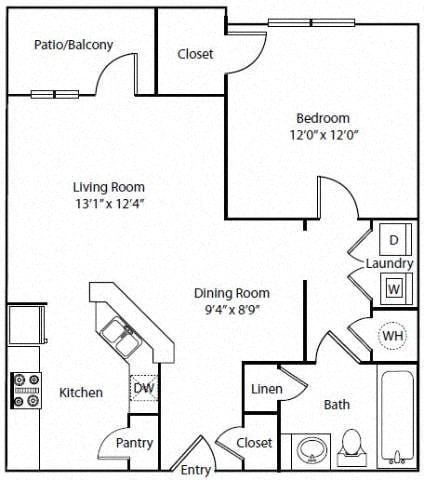 Floor plan for 1 bed, 1 bath, 691 sqft