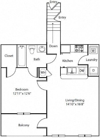 Floor plan for 1 bed, 1 bath, 809 sqft