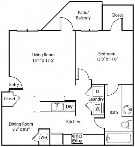 Floor plan for 1 bed, 1 bath, 831 sqft