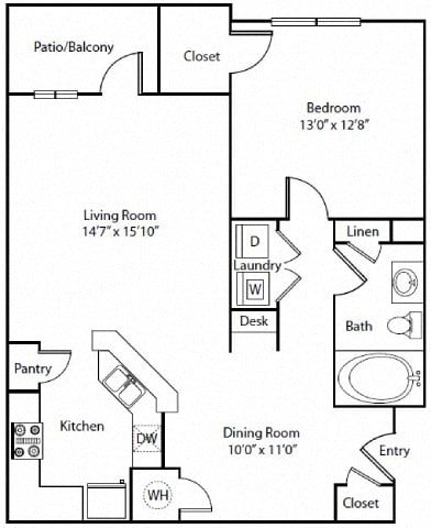 Floor plan for 1 bed, 1 bath, 880 sqft