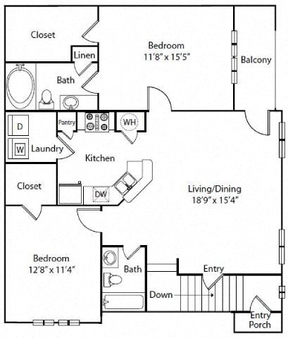 Floor plan for 2 beds, 2 baths, 1149 sqft