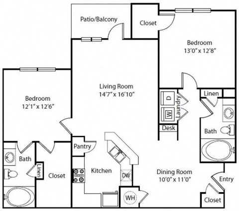 Floor plan for 2 beds, 2 baths, 1177 sqft