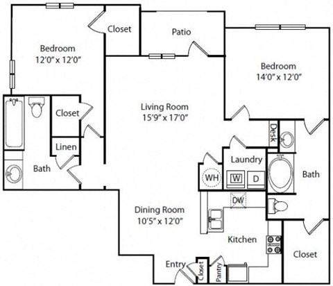 Floor plan for 2 beds, 2 baths, 1320 sqft