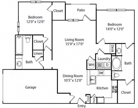 Floor plan for 2 beds, 2 baths, 1378 sqft