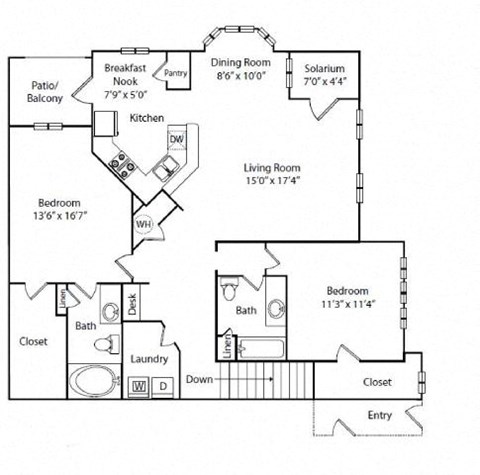Floor plan for 2 beds, 2 baths, 1448 sqft