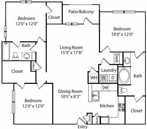 Floor plan for 3 beds, 2 baths, 1479 sqft