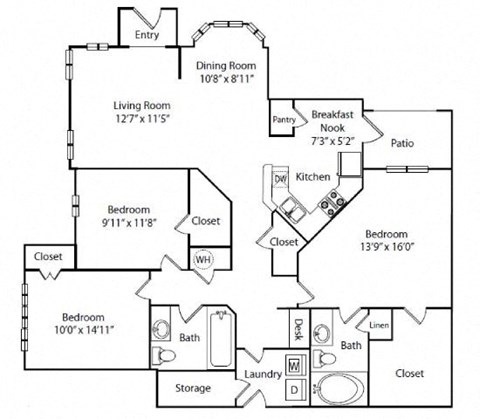 Floor plan for 3 beds, 2 baths, 1509 sqft