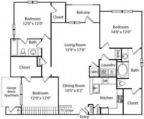 Floor plan for 3 beds, 2 baths, 1567 sqft