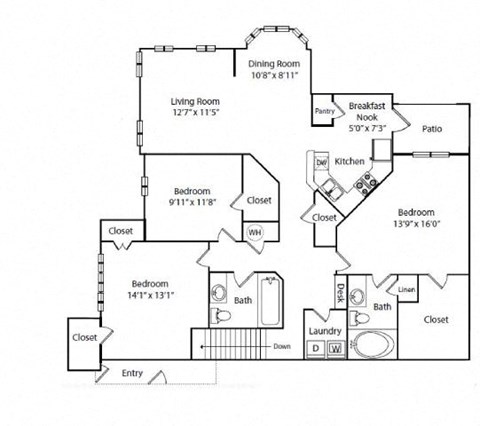 Floor plan for 3 beds, 2 baths, 1609 sqft