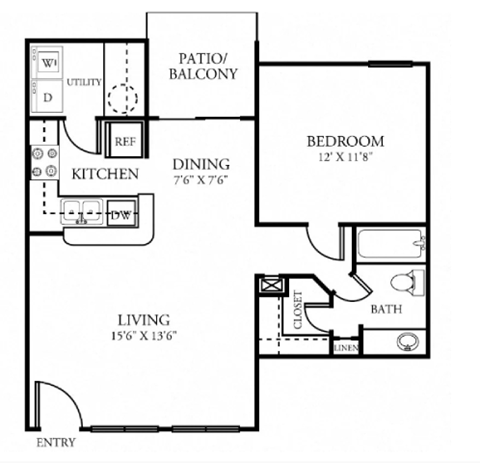Floor plan for 1 bed, 1 bath, 678 sqft