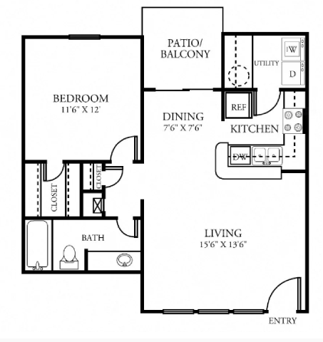 Floor plan for 1 bed, 1 bath, 691 sqft