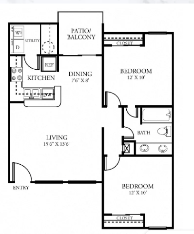 Floor plan for 2 beds, 1 bath, 842 sqft